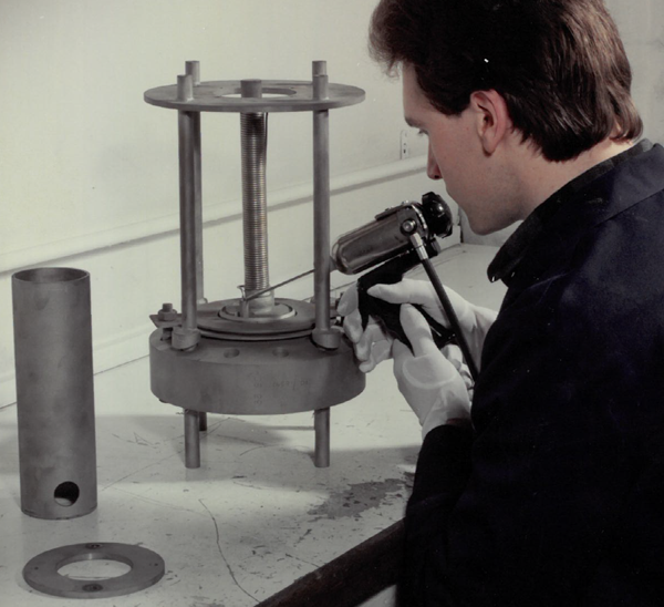 Nicrobraz being applied to a Hydrogen Detector Body for British Nuclear Fuels (Nuclear Component)- Late 1970s- (WCL)